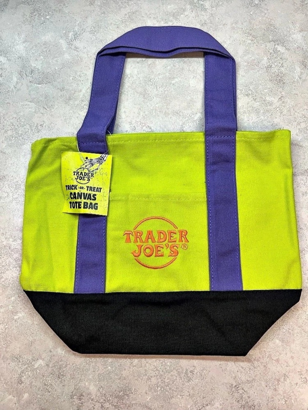 Trader Joe's Trick-or-Treat limited edition Mini Canvas Tote Bag Green & Purple